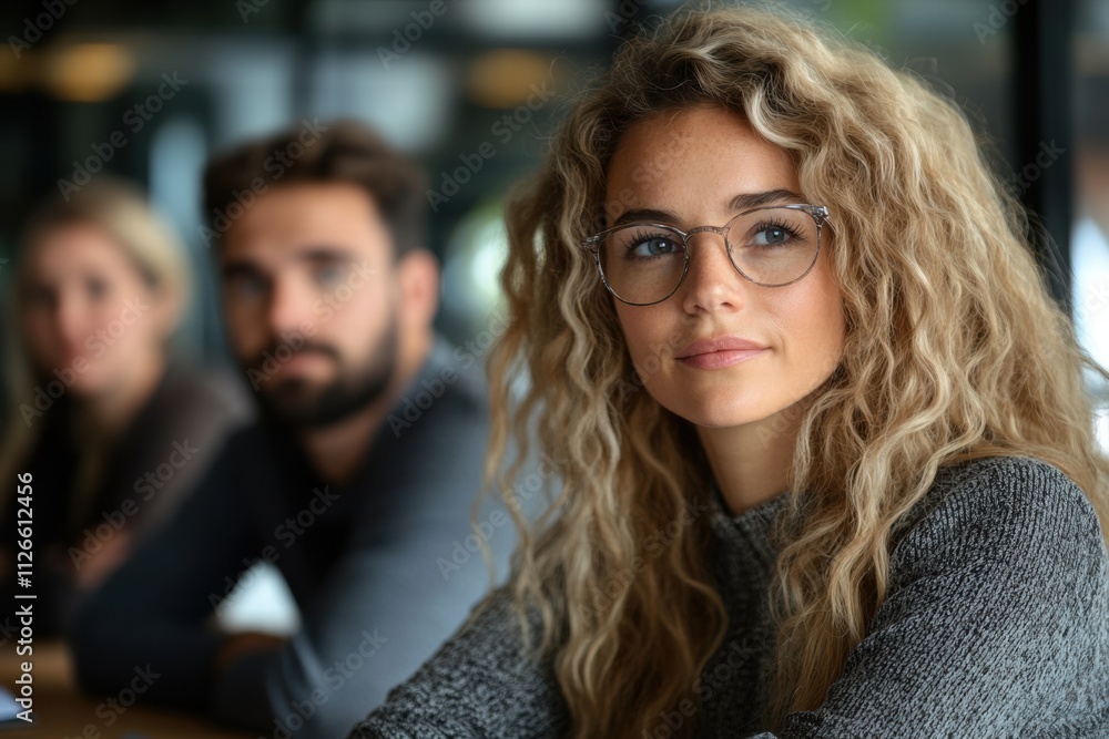 Thoughtful Young Woman in Glasses Among Colleagues Thoughtful Young Woman in Glasses Among Colleagues