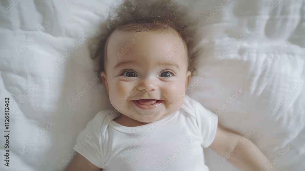 Pretty smiling baby girl playing with her legs lying on her back on white cotton bed in the bedroom and looking at camera, top view. Care for child concept Pretty smiling baby girl playing with her legs lying on her back on white cotton bed in the bedroom and looking at camera, top view. Care for child concept