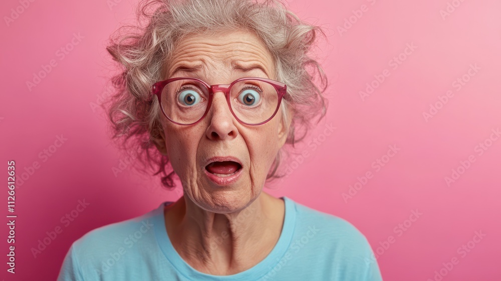 Portrait of pretty aged lady cant believe blue t-shirt isolated on pink color background Portrait of pretty aged lady cant believe blue t-shirt isolated on pink color background