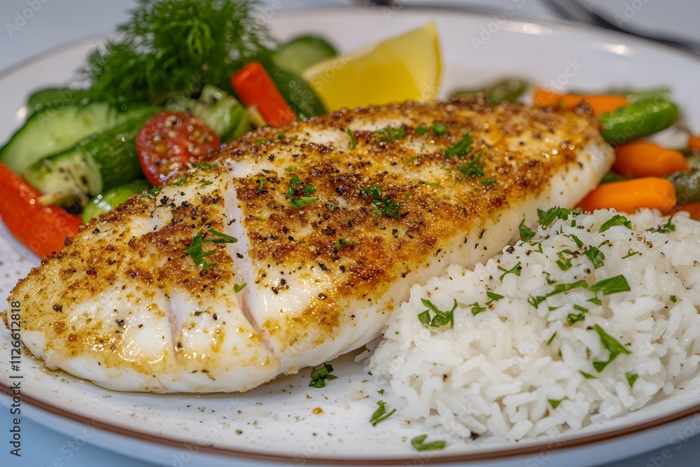 A plate featuring grilled fish, rice, and mixed vegetables, garnished with herbs and lemon. A plate featuring grilled fish, rice, and mixed vegetables, garnished with herbs and lemon.