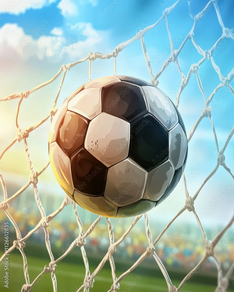 Naklejka premium Realistic soccer ball hitting the net. Football championship in the arena. Vector illustration