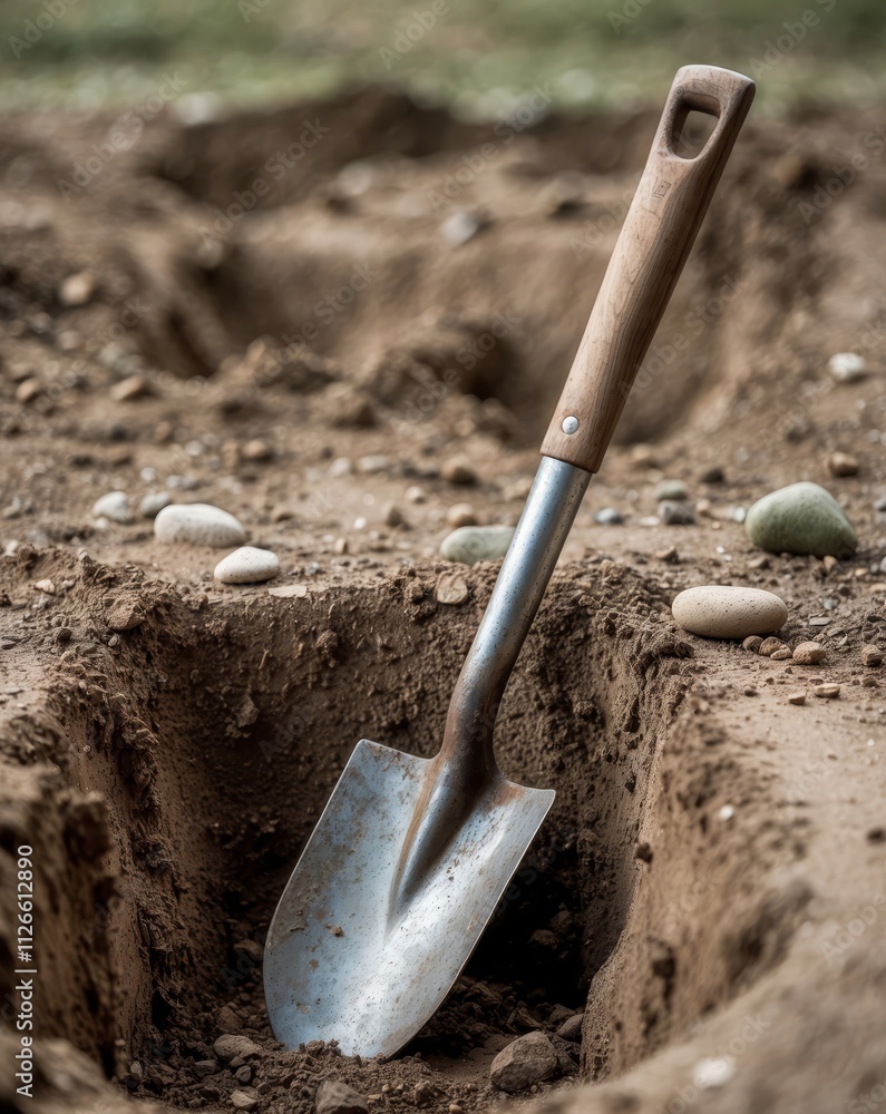 A shovel rests in a freshly dug hole in the dirt A shovel rests in a freshly dug hole in the dirt