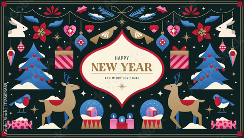 A geometric New Year scene featuring reindeer, birds, and ornaments with vibrant blue and red tones. Ideal for festive invitations and decorations. Vector illustration