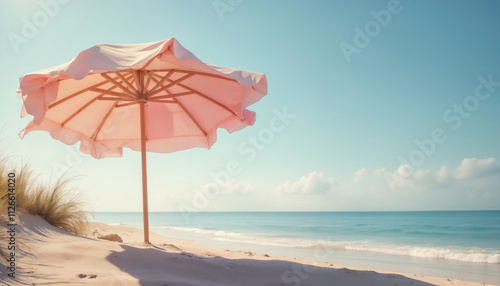 wallpapers A serene view of a pink beach umbrella by the shore, perfect for relaxation and summer vibes. AI generated.