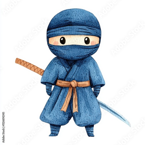 Cute Blue Ninja Warrior Cartoon Watercolor Clipart Child Kid Japan photo