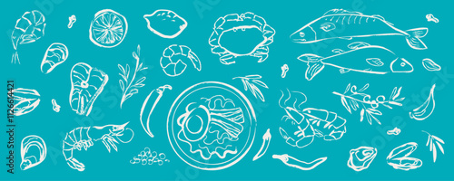 white outline drawings of seafood on blue background. linear illustration. vintage food illustration. chalk drawing. hand drawn italian cuisine. line art. food banner design.