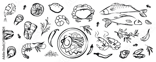 Brush Line Seafood Drawing. Vector Sketch. Hand drawn seafood set. Chalk drawing. Japanese cuisine. Collection of vector food illustrations. Black Brush Seafood Illustration. 
