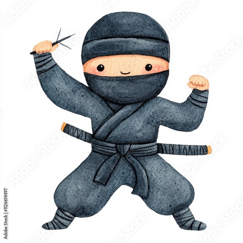 Cute Ninja Warrior Cartoon Watercolor Illustration Childrens Art Martial Arts Japan photo