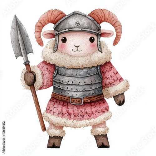 Cute Sheep Gladiator Watercolor Clipart Cartoon Illustration Pastel Colors Full Body photo