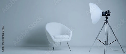 minimalist studio setup with white chair and photography equipment