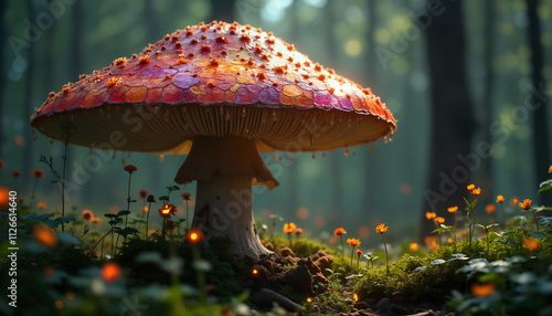 wallpapers A stunning mushroom surrounded by colorful flowers in a mystical forest. The scene is immersed in soft light, creating an enchanting atmosphere. AI generated.