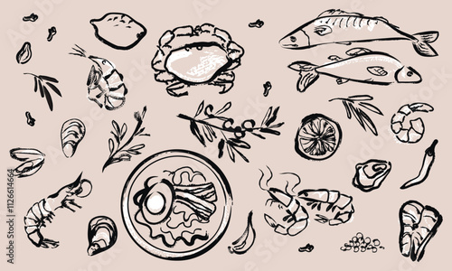 vector seafood illustrations. vintage food illustration on beige background. chalk drawing. hand drawn japanese cuisine. collection of vector food illustrations.