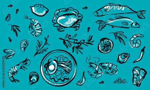 black outline drawings of seafood on blue background. linear illustration. vintage food illustration. chalk drawing. hand drawn italian cuisine. line art. food banner design.