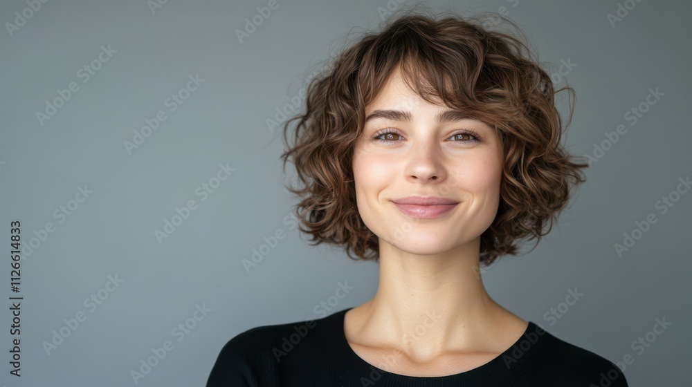 Woman with curly beautiful hair on gray background. Girl with beauty a pleasant smile. Short wavy hairstyle