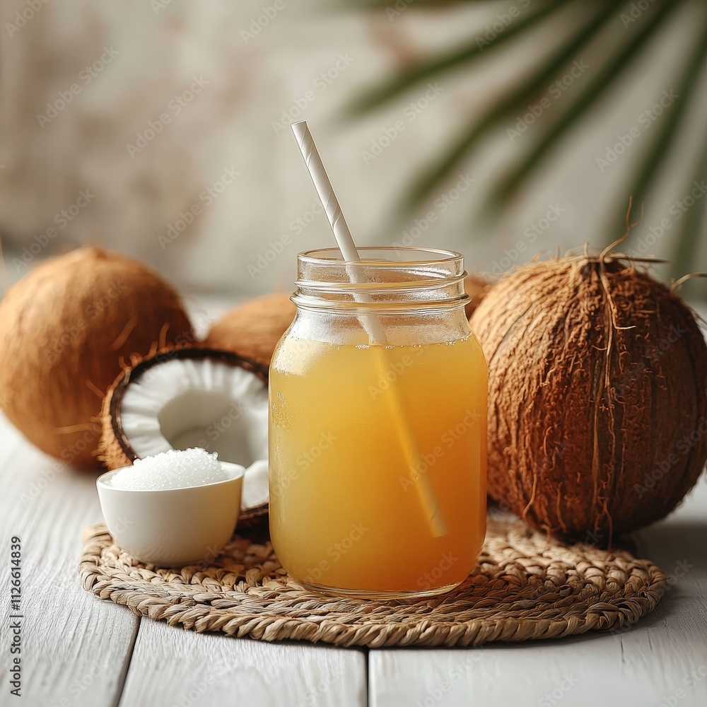 Coconut Water Drink in Jar with Fresh Coconut Pieces Coconut Water Drink in Jar with Fresh Coconut Pieces