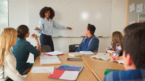 Female Tutor At Whiteboard Teaching Class Of High School College Or University Students Around Table