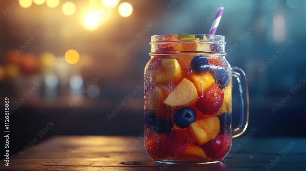 A refreshing fruit punch served in a mason jar with colorful fruit pieces. A refreshing fruit punch served in a mason jar with colorful fruit pieces.