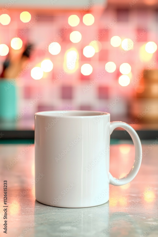 A plain white blank coffee cup on a kitchen counter with pastel color tiles and bokeh lights in the background A plain white blank coffee cup on a kitchen counter with pastel color tiles and bokeh lights in the background