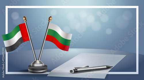 United Arab Emirate and Bulgaria National flags on small table with bokeh background, cooperative relationship
