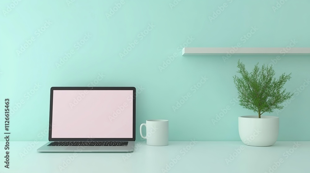 Workspace with blank screen laptop, coffee mug, mini tree pot, and ample copy space on white table. Shelf adorns light blue wall. Workspace with blank screen laptop, coffee mug, mini tree pot, and ample copy space on white table. Shelf adorns light blue wall.