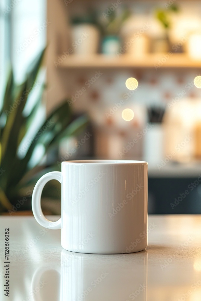 A plain white blank coffee cup on a kitchen counter with pastel color tiles and bokeh lights in the background A plain white blank coffee cup on a kitchen counter with pastel color tiles and bokeh lights in the background