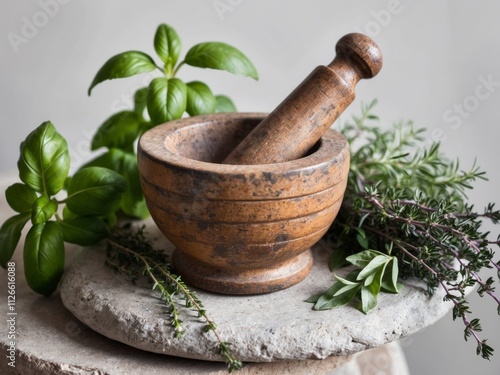 Rustic Wooden Mortar and Pestle With Fresh Herbs. photo