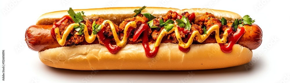 Delicious hot dog with condiments and toppings. Delicious hot dog with condiments and toppings.