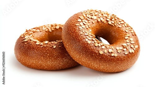 Fresh sesame seed bagels on a white background.