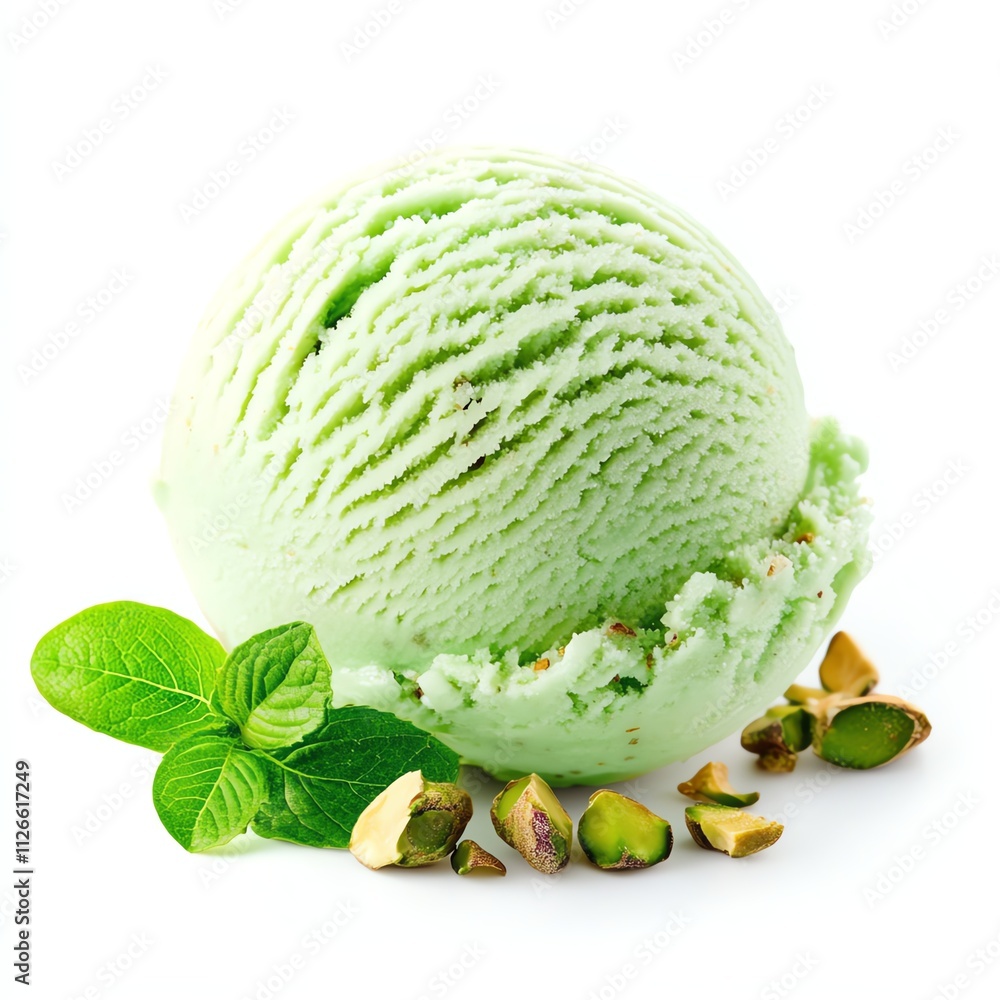 Delicious mint ice cream with nuts and mint leaves. Delicious mint ice cream with nuts and mint leaves.