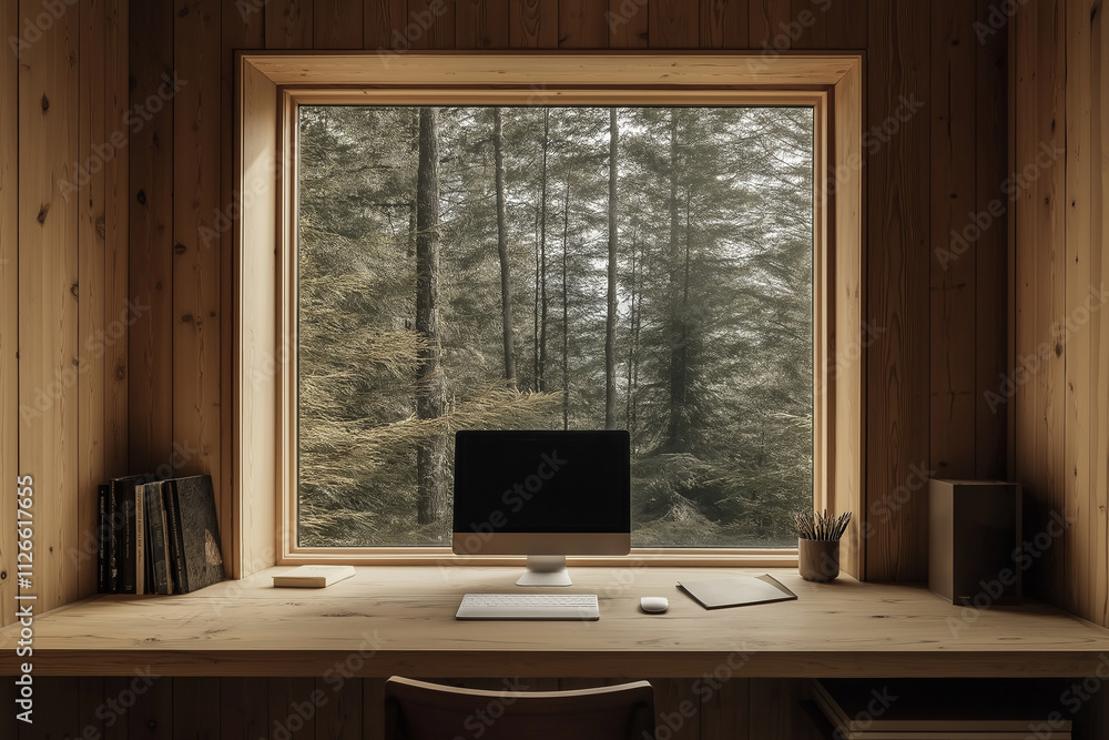 A minimalist home office with wooden walls and a desk, interior design photography, a window looking out into the forest. A minimalist home office with wooden walls and a desk, interior design photography, a window looking out into the forest.