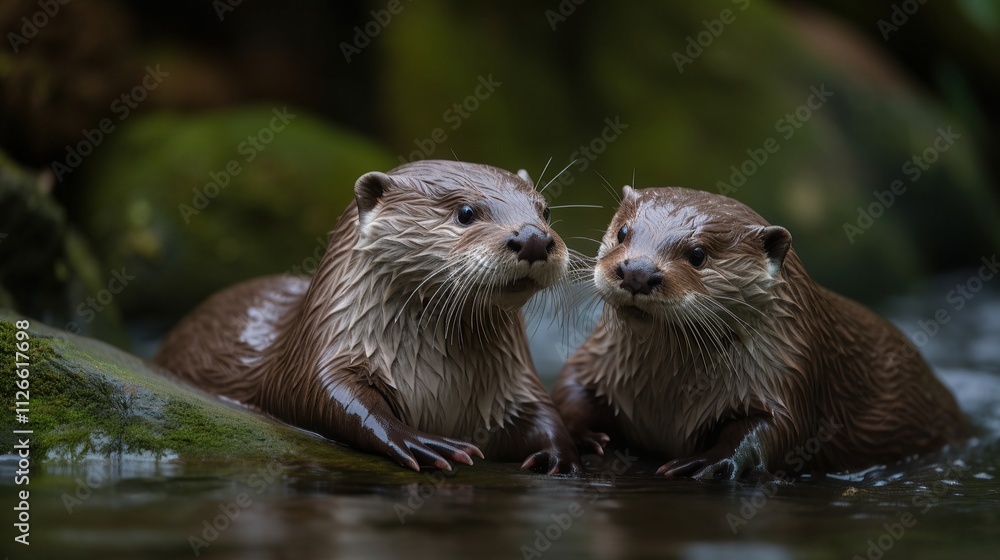 Two Adorable Otters Resting Near Water Two Adorable Otters Resting Near Water