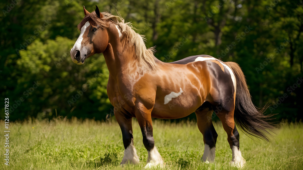 Red horse with long mane standing on the field Red horse with long mane standing on the field