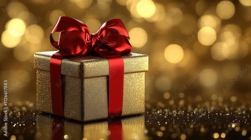 Gift box wrapped in elegant gold paper, tied with a luxurious red ribbon and bow, placed on a reflective surface with soft lighting and a dark background. Gift box wrapped in elegant gold paper, tied with a luxurious red ribbon and bow, placed on a reflective surface with soft lighting and a dark background.