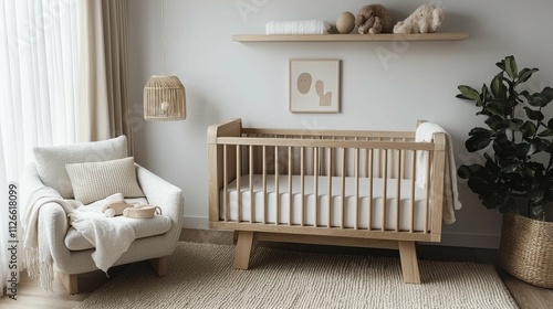 A serene and elegant nursery featuring a wooden crib, cozy armchair, and neutral decor, reflecting a minimalist aesthetic. The surroundings are clutter-free and calming.