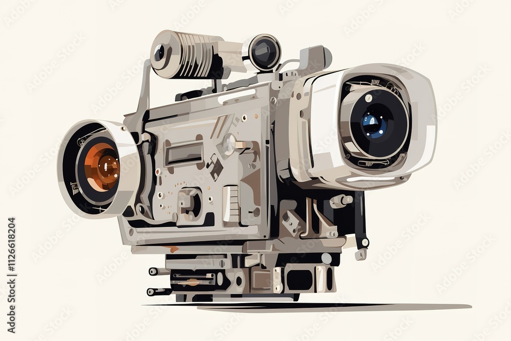 Fototapeta premium Vintage 35mm camera on white background with lens and reflection on the surface below the camera 