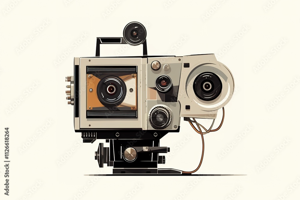 Fototapeta premium Vintage 35mm camera on white background with lens and reflection on the surface below the camera 