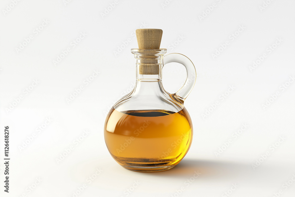 A bottle of light brown oil with a glass handle and wooden stopper, against a white background. A bottle of light brown oil with a glass handle and wooden stopper, against a white background.