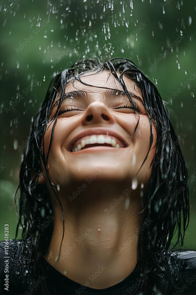 Fototapeta premium A woman with wet hair is smiling and laughing