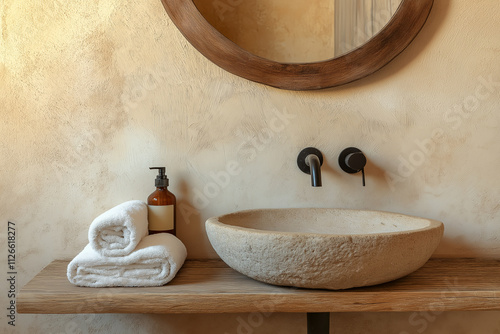 An aged stone sink, a wooden shelf with an organic soap bottle and towels, a rustic mirror hanging on the wall above it, a textured beige stucco background, creating a warm, earthy atmosphere