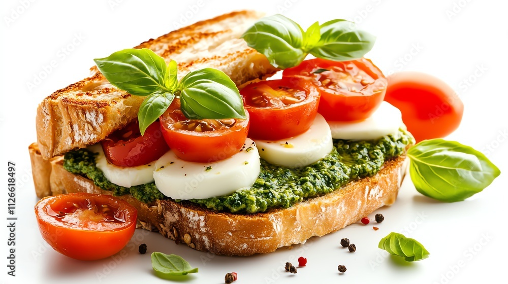 Delicious pesto sandwich with fresh toppings. Delicious pesto sandwich with fresh toppings.