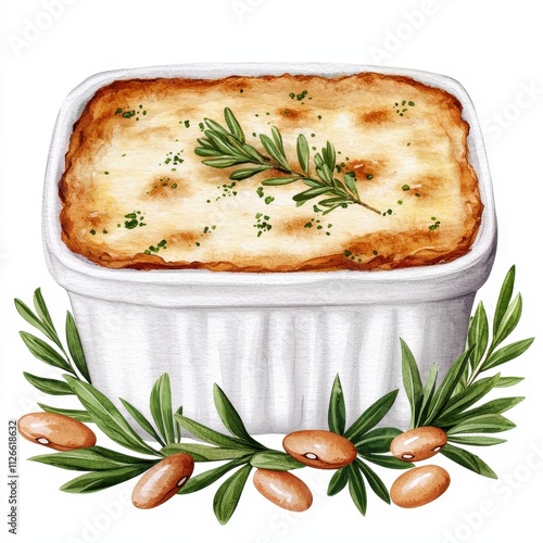 Delicious Shepherd s Pie Watercolor Food Illustration Cozy Cuisine Baked Dish Rosemary Garnish photo