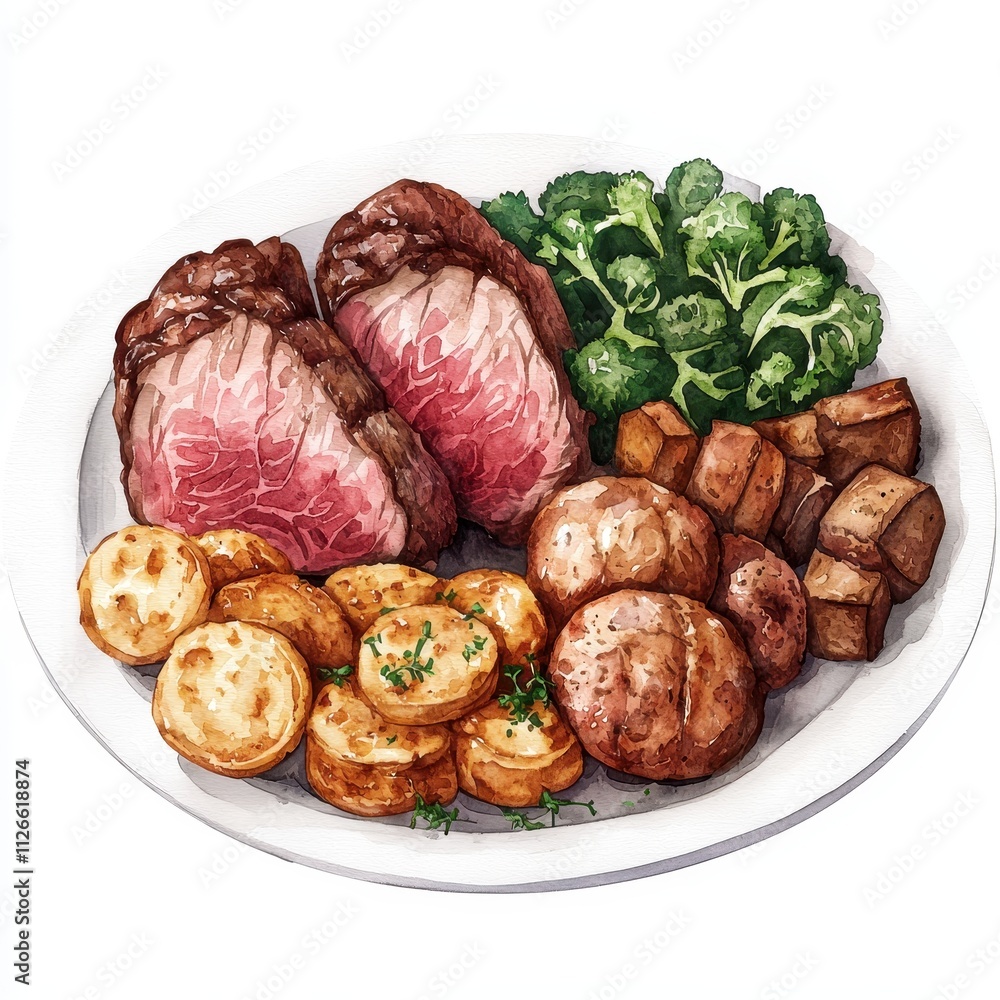 Delicious Sunday Roast Watercolor Painting of Beef Potatoes Yorkshire Pudding and Broccoli Delicious Sunday Roast Watercolor Painting of Beef Potatoes Yorkshire Pudding and Broccoli