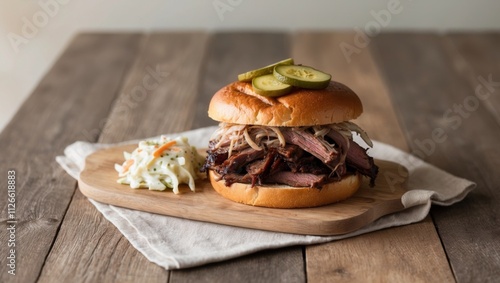 A smoked brisket sandwich served on a toasted bun with pickles and a side of coleslaw. photo