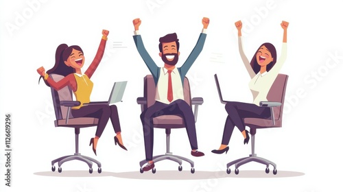 Cheerful excited Indian, Arab coworkers having fun, racing, riding office chairs, enjoying work break, laughing, smiling, celebrating business project success, achieve, reward, good job high result photo