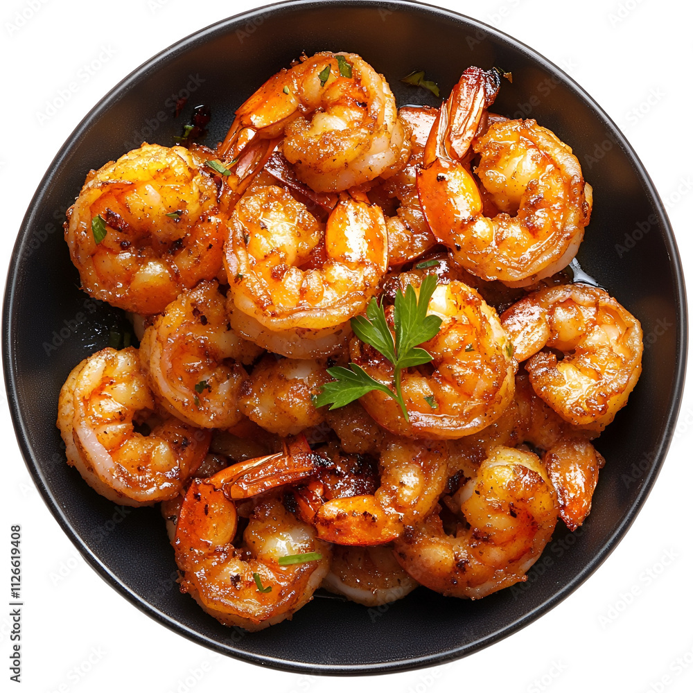 Extreme top view of extremely perfect looking Fried Shrimp on a dark porcelain dish Isolated on a white transparent background Extreme top view of extremely perfect looking Fried Shrimp on a dark porcelain dish Isolated on a white transparent background