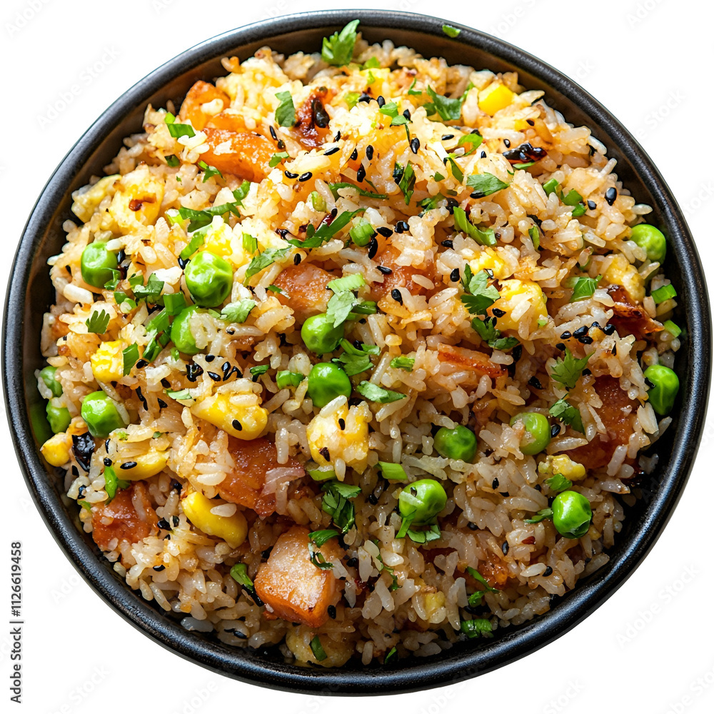 Extreme top view of extremely perfect looking Fried Rice on a dark porcelain dish Isolated on a white transparent background Extreme top view of extremely perfect looking Fried Rice on a dark porcelain dish Isolated on a white transparent background