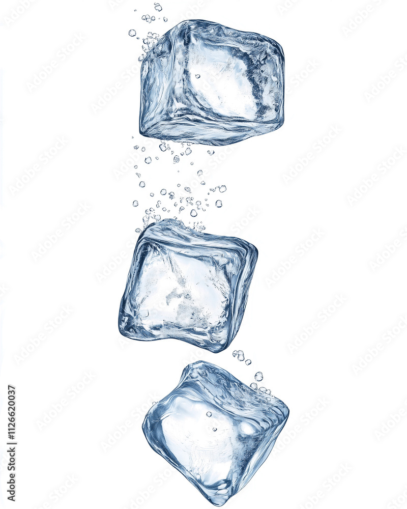 Obraz premium Three flying ice cubes falling isolated on transparent background clipping path