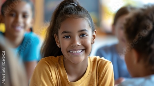 A young girl in a yellow shirt smiles at the camera. There are other children in the background.