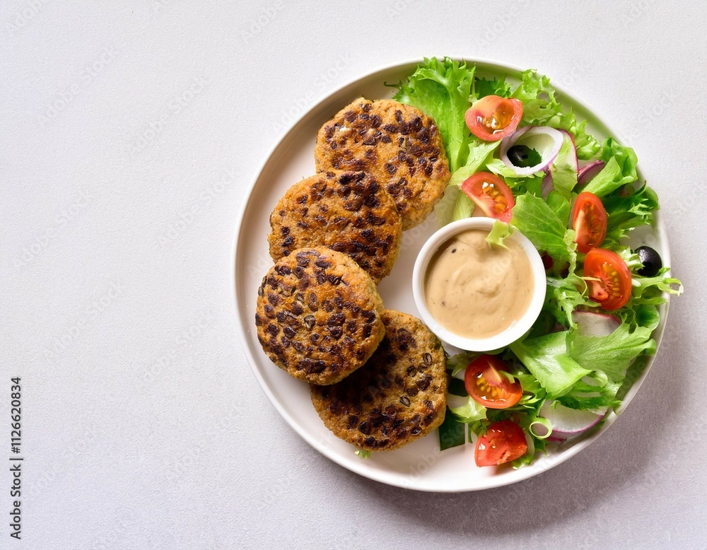 elegant plate of black eyed pea patties served with fresh salad and dipping sauce top down composition white background copy space elegant plate of black eyed pea patties served with fresh salad and dipping sauce top down composition white background copy space