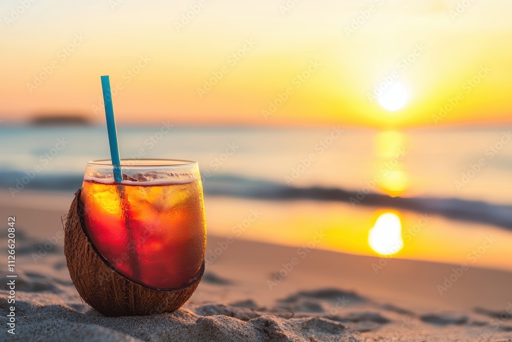 Tropical Sunset Beach Cocktail Drink in Coconut Summer Vacation